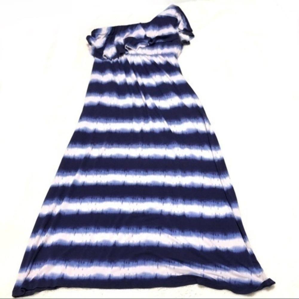 SOMA BLUE WHITE TIE DYE STRIPE OFF ONE SHOULDER MAXI DRESS MEDIUM